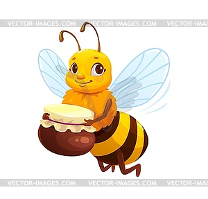 Cartoon honey bee character flying with honey jar - vector image