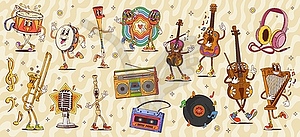 Cartoon groovy musical characters and instruments - vector clipart