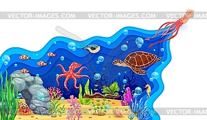 Paper cut underwater landscape with sea animals - vector image