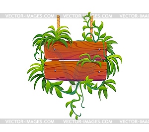 Wooden sign board in tropical jungle liana leaves - vector clipart