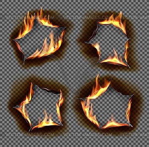 Realistic fire burn holes and edges scorched paper - vector clip art