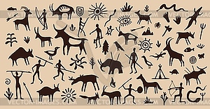 Cave painting, ancient prehistoric drawings - vector clip art