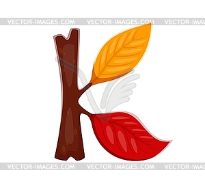 Autumn season font type leaves on branch letter K - color vector clipart