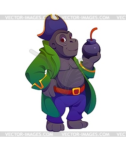 Cartoon gorilla animal pirate holding lit bomb - vector clip art