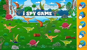 I spy game worksheet with prehistoric dinosaurs - vector clip art
