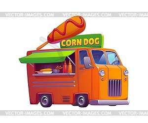 Cartoon corn dog food truck car, street foodtruck - vector image