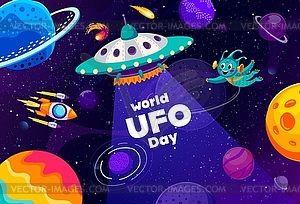 World UFO Day banner with cartoon alien astronaut - vector clipart
