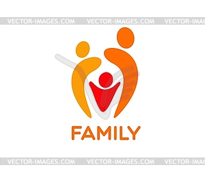 Family icon featuring two adult embracing child - vector clipart