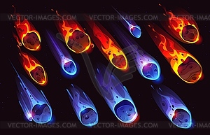 Cartoon comets meteors and ice asteroids in space - vector image