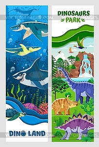 Dino park paper cut banners with funny dinosaurs - vector clip art