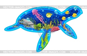Paper cut turtle silhouette with fish and seahorse - vector image