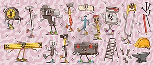 Groovy building, DIY and repair tool characters - vector image