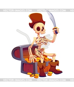 Cartoon skeleton pirate sitting on treasure chest - vector clipart