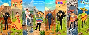 Mexican people cartoon characters collage - vector clip art