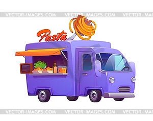 Cartoon pasta food truck car, festival street van - vector image