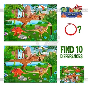Kids dinosaur game worksheet, find ten differences - vector image