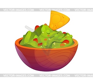 Cartoon bowl of guacamole with tortilla chip - vector image