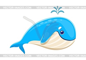 Cartoon blue whale character with water splash - vector clipart