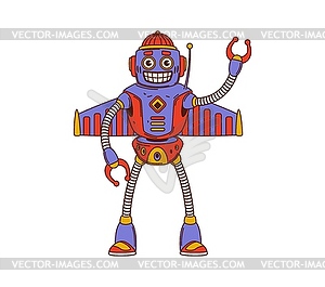 Cartoon groovy robot character with metallic wings - vector clipart