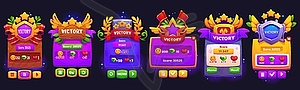 Victory game frame and banners, UI button, screens - vector clipart