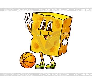 Groovy cheese character playing basketball ball - vector clipart / vector image