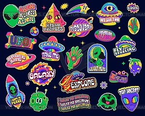 Alien and UFO y2k space galaxy groovy stickers - vector clip art