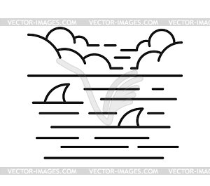Landscape line icon, sea or ocean with shark fins - vector image
