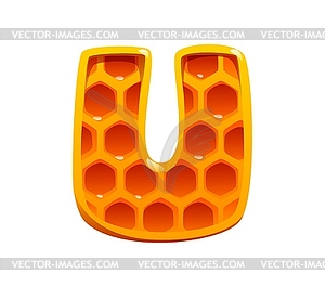 Honey font type, cartoon honeycomb letter U - vector clip art