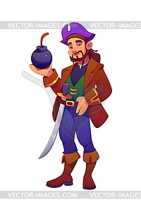 Cartoon pirate corsair character holds round bomb - vector image
