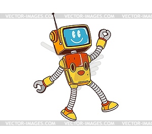 Cartoon groovy robot character with yellow body - color vector clipart