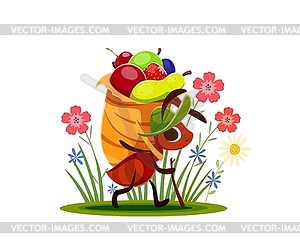 Cartoon ant character carries fruits outdoors - vector clipart