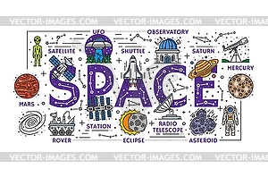 Line galaxy space icons, banner with cosmic items - vector clipart