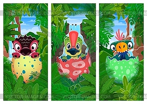 Funny dino kids in egg shells, cartoon dinosaurs - vector image