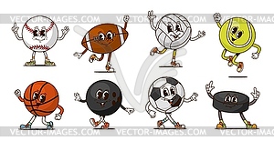 Cartoon groovy sport ball and puck characters - vector image