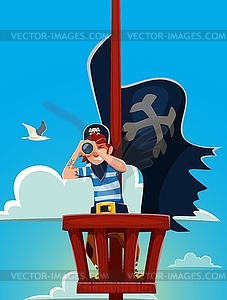 Pirate looks through spyglass aboard corsair ship - vector image