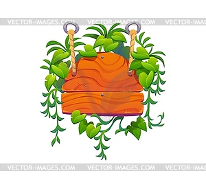Hanging wooden sign board with jungle lianas - vector clipart