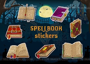 Magic spellbook, medieval game book stickers pack - vector clip art