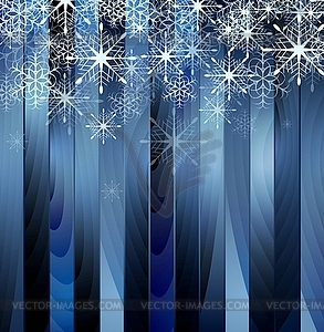 Falling snowflakes on blue wooden background - royalty-free vector clipart