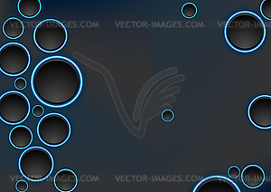 Black and blue neon circles abstract tech background - vector image