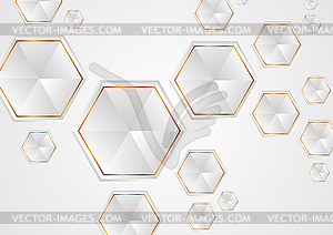 Абстрактный фон в виде серых и золотистых технических шестиугольников - изображение в векторе