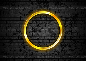 Glowing golden neon circle frame on brick wall - stock vector clipart