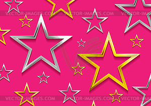 Золотые и серебряные звезды на ярко-розовом фоне - изображение в векторном формате