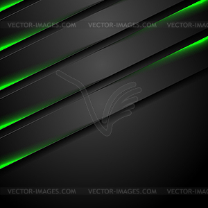 Abstract black stripes with green neon glowing light - vector clipart