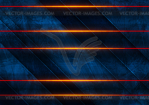 Orange neon laser lines on blue grunge wall - vector image