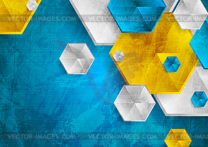 Красочные шестиугольники на абстрактном фоне в стиле гранж - изображение в векторе