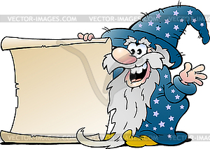 Cartoon Happy Old Wizard Magic Man holding Roll of - vector clipart