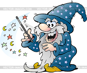 Cartoon Happy Old Wizard Magic Man holding Wand - vector clip art