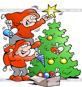 Cartoon Zwei Gluckliche Elf Schmucken Weihnachtsbaum Vektor Clipart