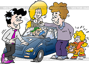 Cartoon family looking at new auto car - vector image