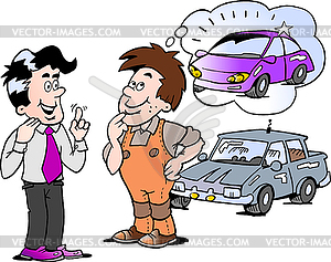 Cartoon young man there thinking of buying new - vector clipart